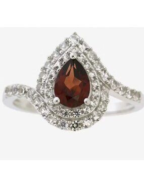 Genuine Garnet Pear Halo Ring Sterling Silver | January Birthstone Cocktail Ring